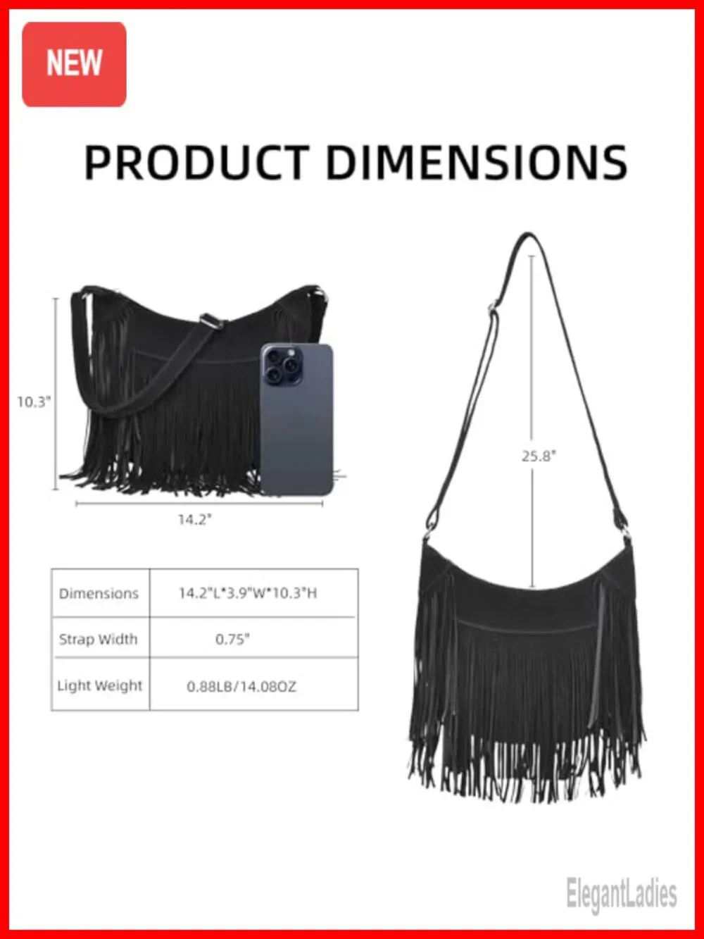 Fringe Hobo Bag Vegan Suede Crossbody Shoulder Purse Western Vintage
